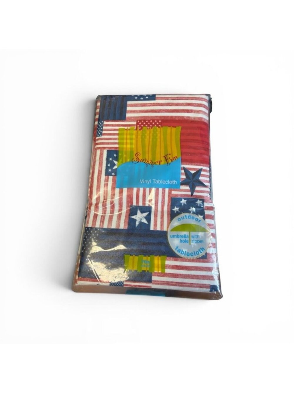 Summer Fun Vinyl Tablecloth With Umbrella Hole & Zipper 70" Round Patriotic Flag